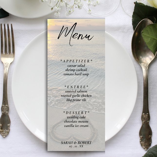 Beach Sand Heart Wedding Reception Menu (Black Text Beach Sand Heart Wedding Reception Menu)