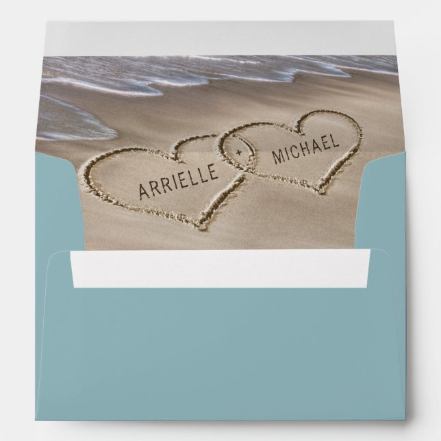Beach Sand Hearts Elegant Tropical Modern Wedding Envelope (Back (Bottom))