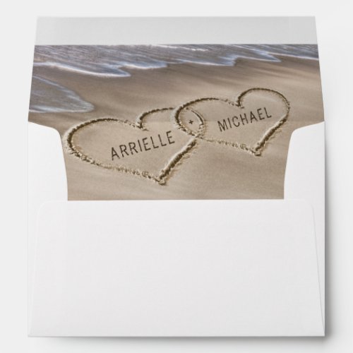 Beach Sand Hearts Elegant Tropical Modern Wedding Envelope - Design features an elegant beach with hearts in the sand that you can "draw" the names of your choice in. You can enlarge shorter names or shrink longer names if needed to fit properly within the hearts under the "customize further" link that's below the template demo fields above (use the arrow scroll within that field box).