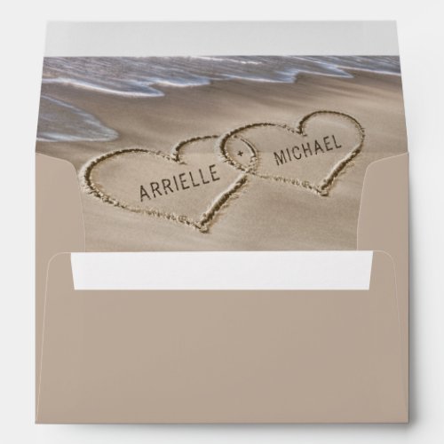 Beach Sand Hearts Elegant Tropical Modern Wedding Envelope - Design features an elegant beach with hearts in the sand that you can "draw" the names of your choice in. You can enlarge shorter names or shrink longer names if needed to fit properly within the hearts under the "customize further" link that's below the template demo fields above (use the arrow scroll within that field box).