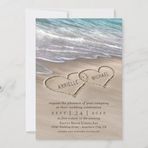 Beach Sand Hearts Elegant Tropical Modern Wedding Invitation - Design features an elegant beach with hearts in the sand that you can "draw" the names of your choice in.  You can enlarge shorter names or shrink longer names if needed to fit properly within the hearts under the "customize further" link that's below the template demo fields above (use the arrow scroll within that field box).  View the collection on this page for matching items in this suite.