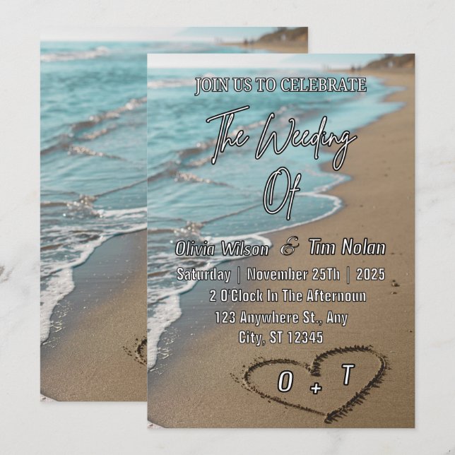 Beach Sand Hearts Elegant Tropical Modern Wedding Invitation (Front/Back)