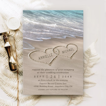 Beach Sand Hearts Elegant Tropical Modern Wedding Invitation by RusticWeddings at Zazzle