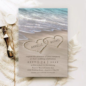 Beach Sand Hearts Elegant Tropical Modern Wedding Invitation