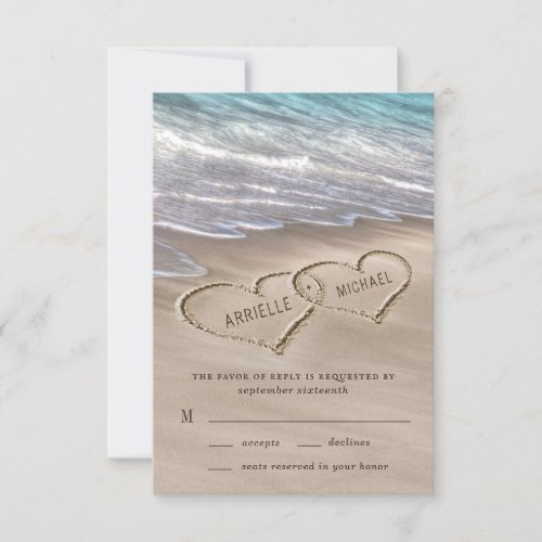 Beach Sand Hearts Elegant Tropical Modern Wedding RSVP Card - Design features an elegant beach with hearts in the sand that you can "draw" the names of your choice in. You can enlarge shorter names or shrink longer names if needed to fit properly within the hearts under the "customize further" link that's below the template demo fields above (use the arrow scroll within that field box).