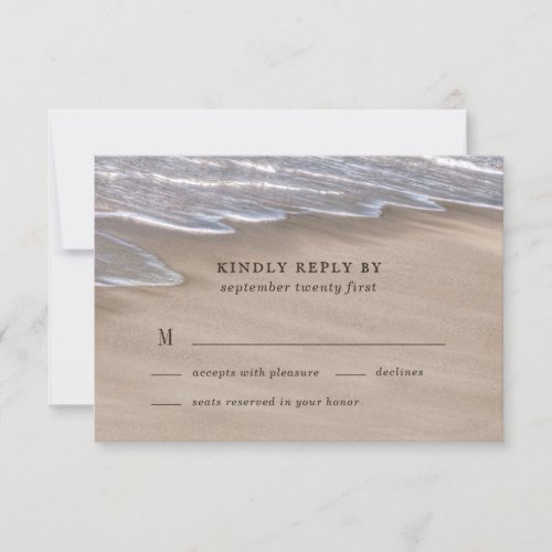 Beach Sand Hearts Elegant Tropical Modern Wedding RSVP Card - Design features an elegant beach with hearts in the sand (on the back of each card) that you can "draw" the names of your choice in. You can enlarge shorter names or shrink longer names if needed to fit properly within the hearts under the "customize further" link that's below the template demo fields above (use the arrow scroll within that field box).
