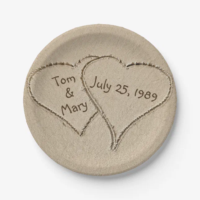 Beach Sand Hearts for anniversary party Paper Plates | Zazzle