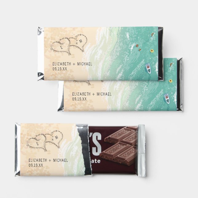 Beach Sand Hearts Initials | Wedding Hershey Bar Favors (Front)