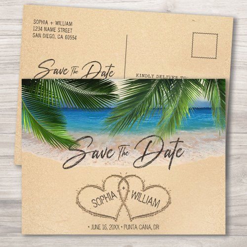 Beach Sand Hearts Palm Save the Date Announcement Postcard