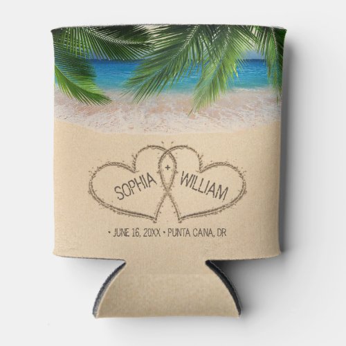 Beach Sand Hearts Palm Wedding Tropical Can Cooler