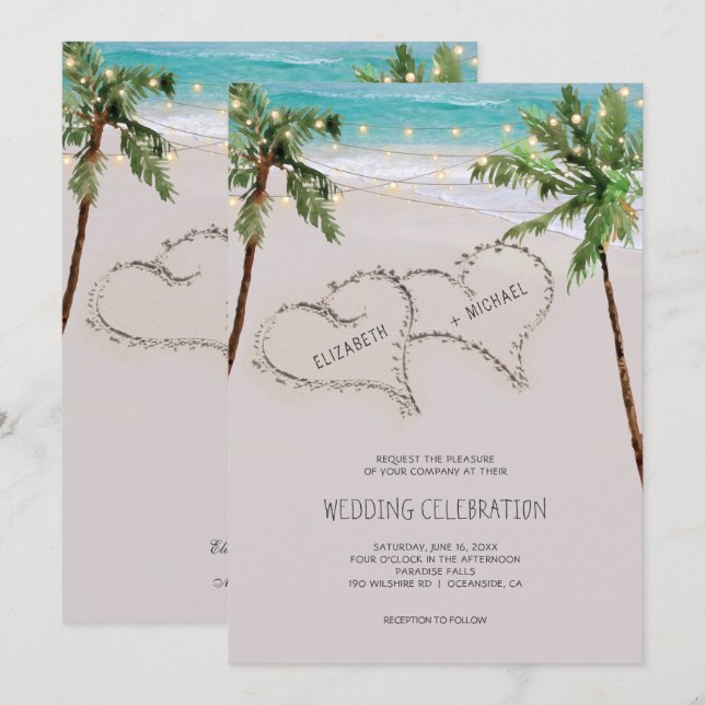 Beach Sand Hearts Tropical Palm | Modern Wedding Invitation (Front/Back)