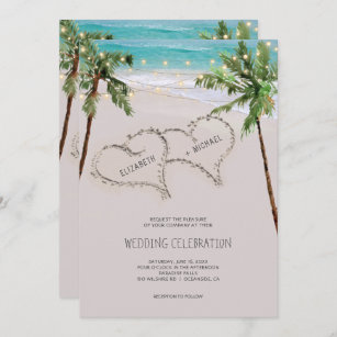 Beach Sand Hearts Tropical Palm   Modern Wedding Invitation