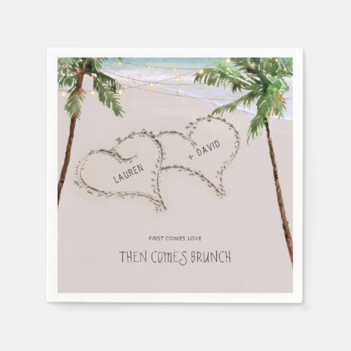 Beach Sand Hearts Tropical Palm  Modern Wedding Napkins