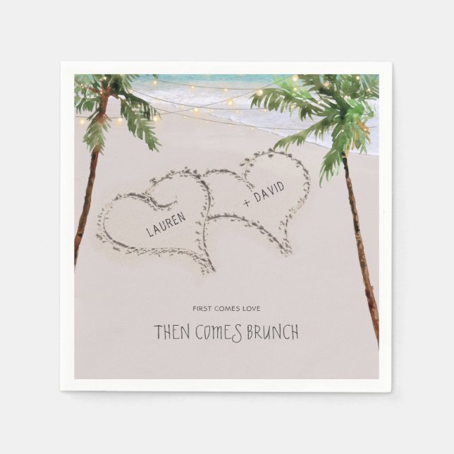 Beach Sand Hearts Tropical Palm | Modern Wedding Napkins (Front)