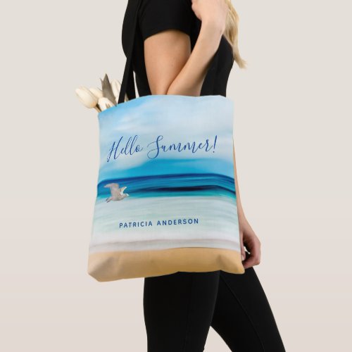 Beach sand ocean sea hello summer tote bag