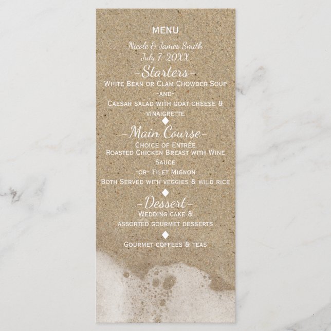 Beach Sand & Ocean Sea Water Wedding Menu (Front)