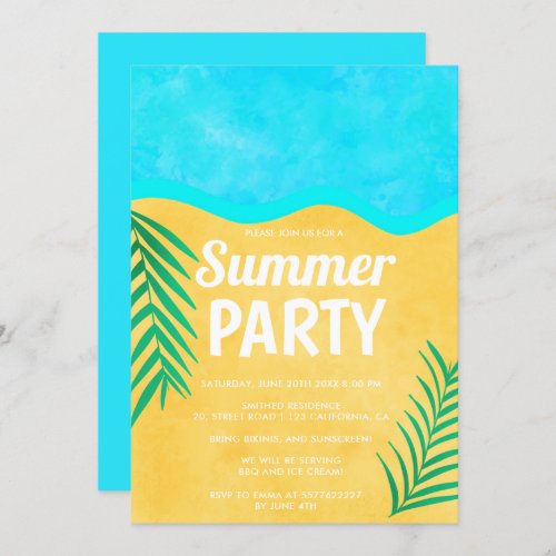 Beach sand palm tree tropical fun summer party invitation