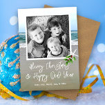 Beach Sand Photo Christmas Card<br><div class="desc">Ocean beach photo Christmas cards.  Customize with a greeting and signature.  Add a family photo to the square template,  with a little starfish and piece of holly in the corner.  Reverse is an image of brown sand.</div>
