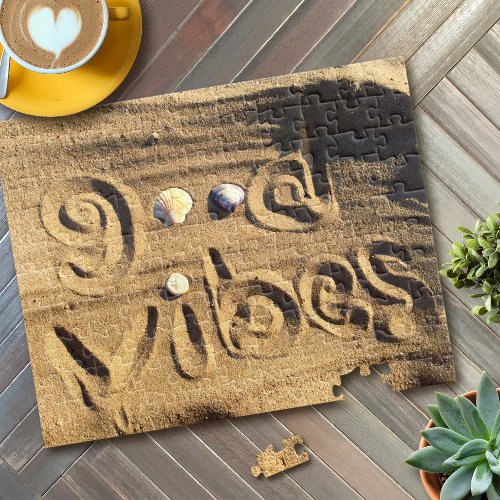 Beach Sand Photo Good Vibes Quote Vacation Modern Jigsaw Puzzle