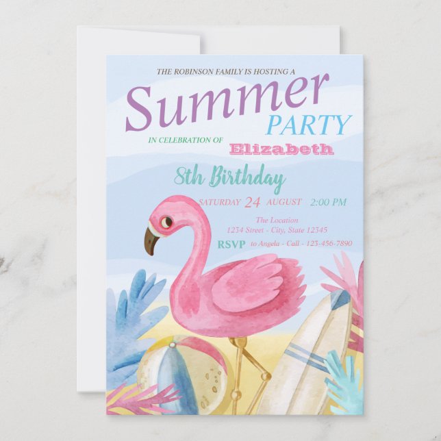 Beach,Sand Pink Flamingos Birthday Party Invitation (Front)