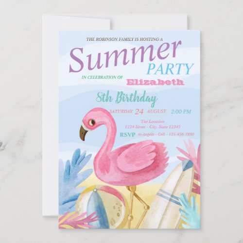 BeachSand Pink Flamingos Birthday Party Invitation