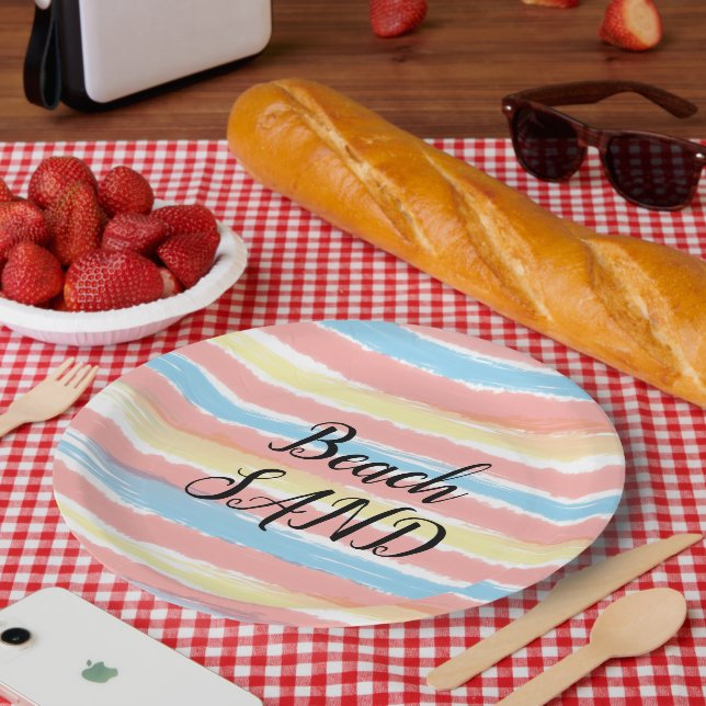 Beach Sand Pink Yellow Blue Watercolor Paper Plates (Picnic)