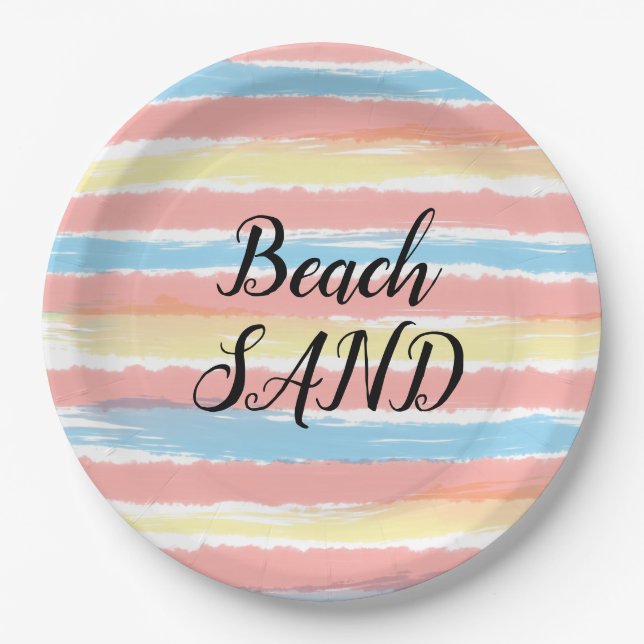 Beach Sand Pink Yellow Blue Watercolor Paper Plates (Front)