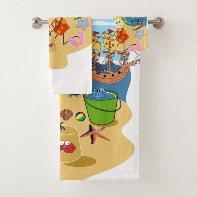Beach Sand Rainbow Sun Crab Bathroom Towel Sets (Insitu)
