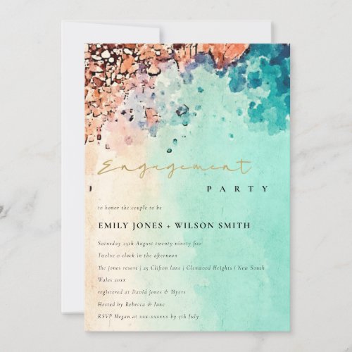 BEACH SAND ROCK WATERCOLOR TEAL ENGAGEMENT INVITE