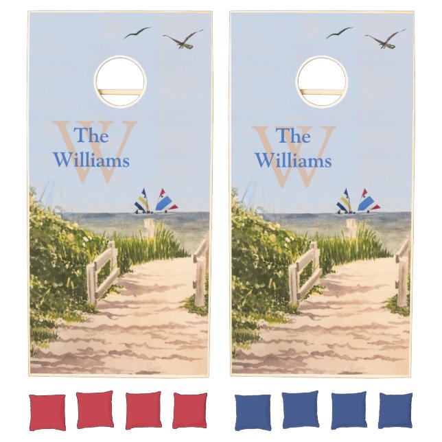 Beach Sand Sailboats Water Monogram Cornhole Set (Set)