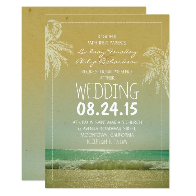 BEACH Sand Sea Waves & Palms Wedding Invitation