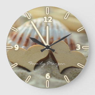 Beach,Sand,Seashell,Wood Hearts-Personalized Large Clock