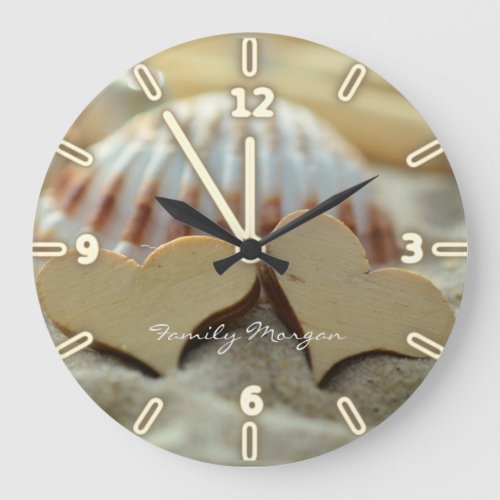 BeachSandSeashellWood Hearts_Personalized Large Clock