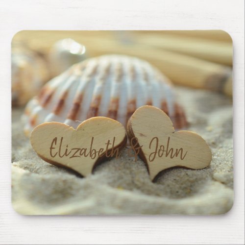 BeachSandSeashellWood Hearts    _Personalized Mouse Pad