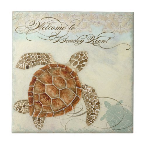 Beach Sand Seashore Collage Turtle Sea Horse Shell Ceramic Tile