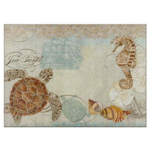 Beach Sand Seashore Collage Turtle Sea Horse Shell Cutting Board