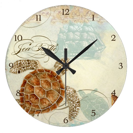 Beach Sand Seas Collage Turtle Sea Horse Shell Large Clock Beach Sand Seas Collage Turtle Sea