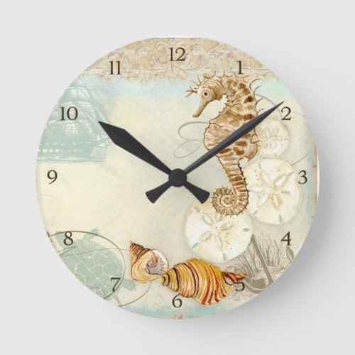 Beach Sand Seashore Collage Turtle Sea Horse Shell Round Clock