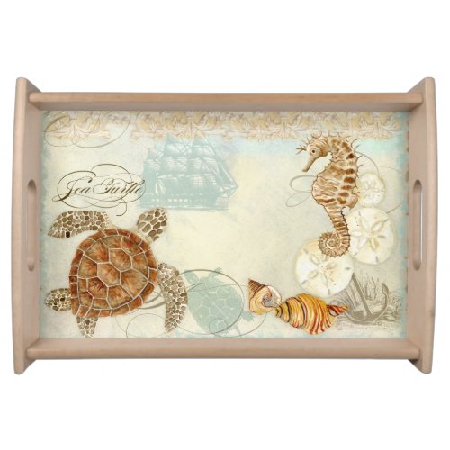 Beach Sand Seashore Collage Turtle Sea Horse Shell Serving Tray