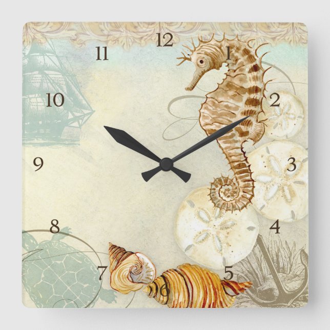 Beach Sand Seashore Collage Turtle Sea Horse Shell Square Wall Clock (Front)