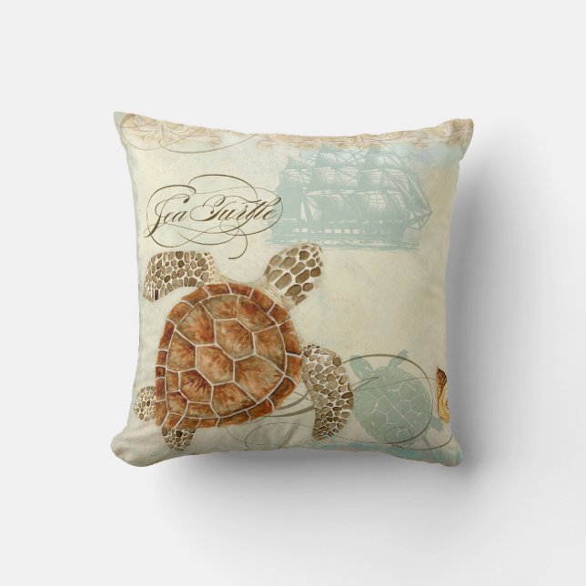 Beach Sand Seashore Collage Turtle Sea Horse Shell Throw Pillow (Front)