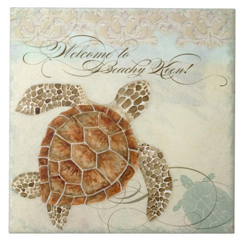 Beach Sand Seashore Collage Turtle Sea Horse Shell Tile