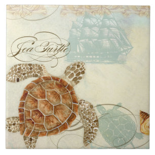 Beach Sand Seashore Collage Turtle Sea Horse Shell Tile