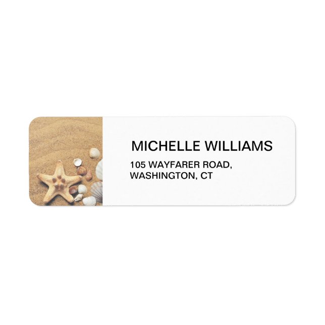Beach, Sand, Shells and Starfish Wedding Label (Front)