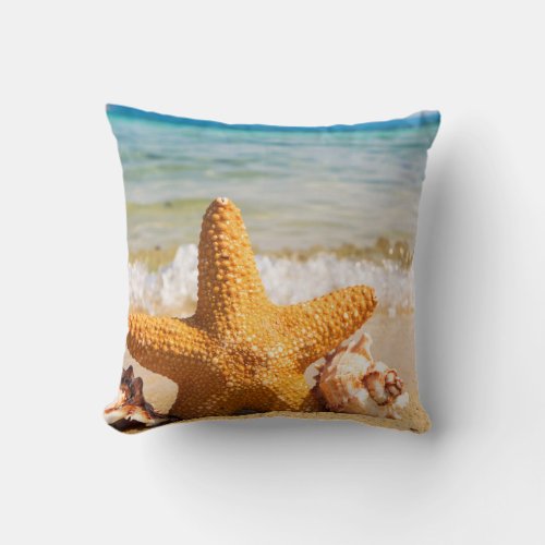 beach sand shells sea star fresh and summer throw pillow