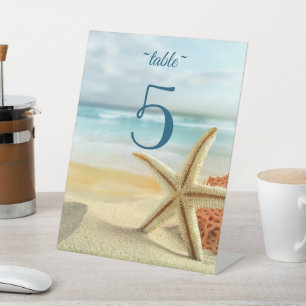 Beach, Sand, Starfish Wedding Table Number Pedestal Sign