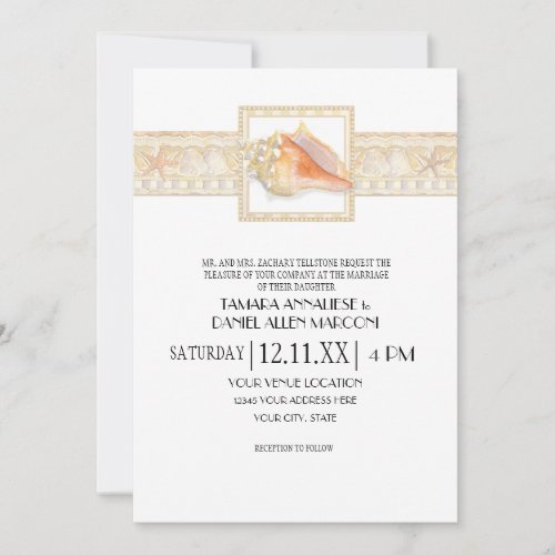 Beach Sand Stripe Conch Shell Elegant Weddings Art Invitation