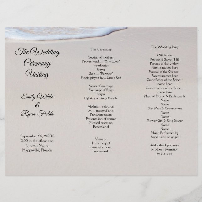 Beach Sand Tri-Fold Wedding Program Template (Front)