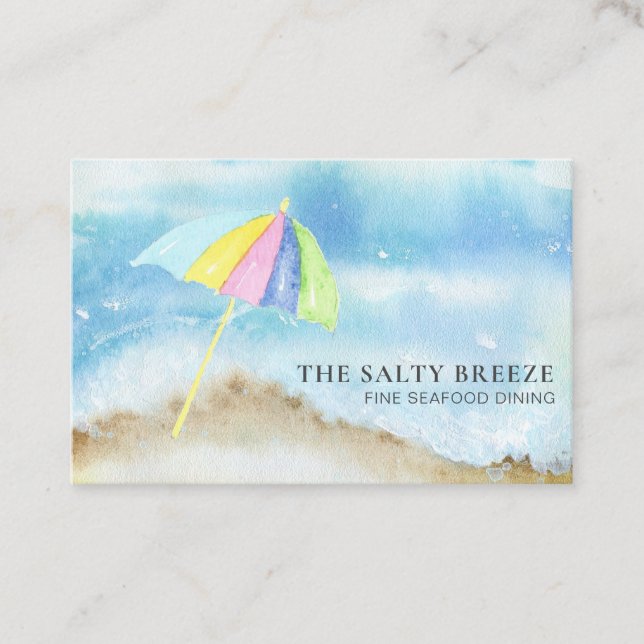 *~* Beach Sand Umbrella Sea QR Watercolor Ocean Business Card (Front)