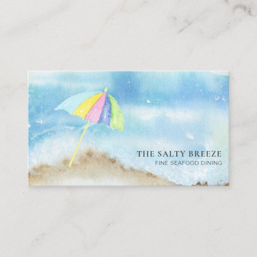  Beach Sand Umbrella Watercolor Sea Ocean QR Business Card